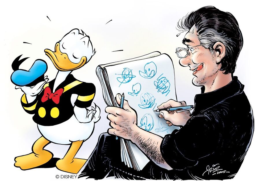 Illustrasjon av tegneren Arild Midthun og Donald Duck 