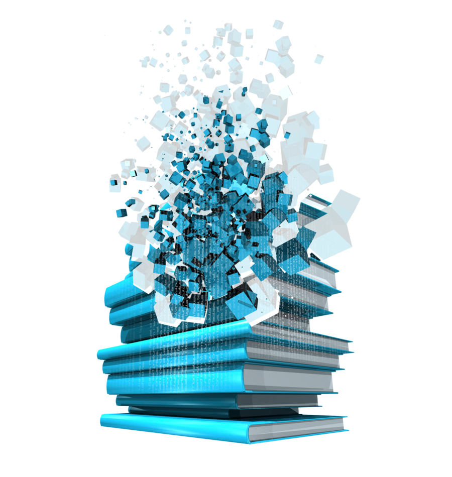 Bilde av en stabel med bøker som løser seg opp i digitale pixler