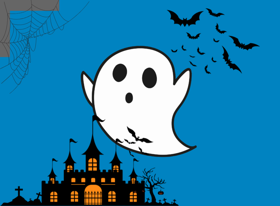 Illustasjon til arrangement om høytlesning med korpsmusikk, bildet viser et skummelt slott, flaggermus og et spøkelse