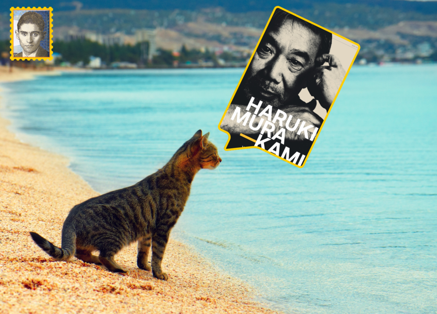 Bilde av en strand med en katt som har en snakkeboble med bilde av haruki Murakami over seg. I hjørnet er det et frimerke med bilde av Franz Kafka