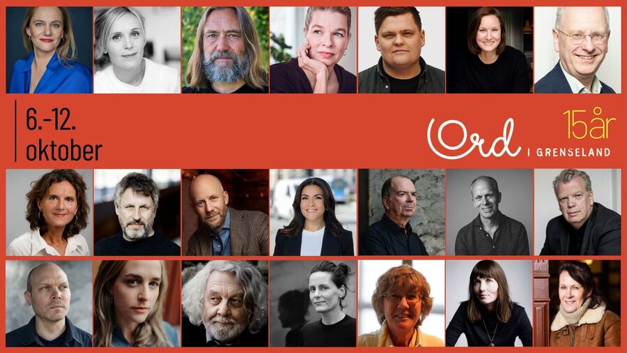 Kollasj av bilder av forfattere som skal på Ord i grenseland-festivalen 2025