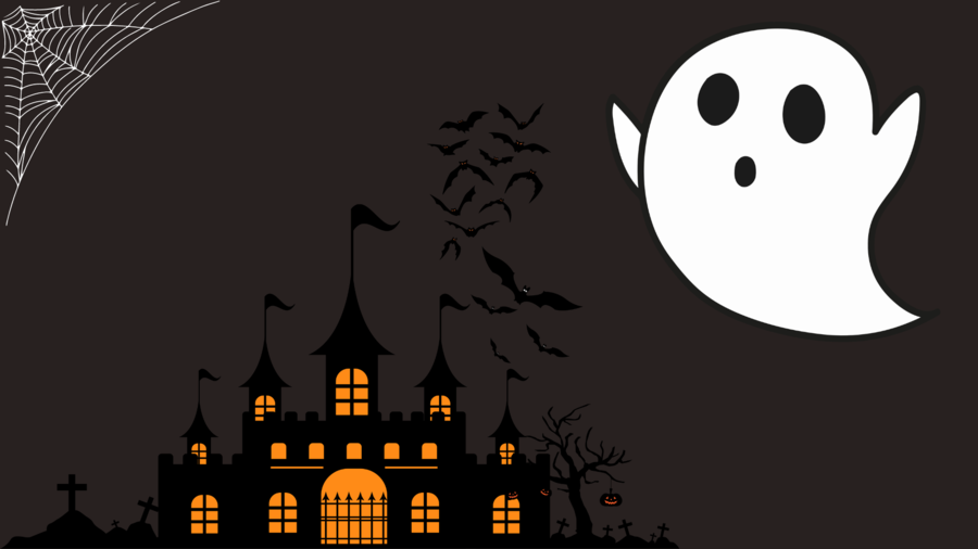 Illustrasjon med spøkelse og spøkelsesslott