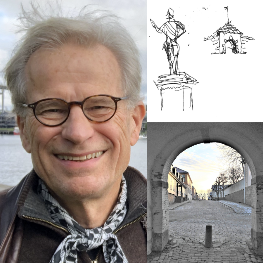 Kollasjbilde av arkitekt Øyvind Aarvig, en buet port på vei inn til gamlebyen i Fredrikstad og en tegnet skisse av statuen på torvet i gamlebyen og den buede porten
